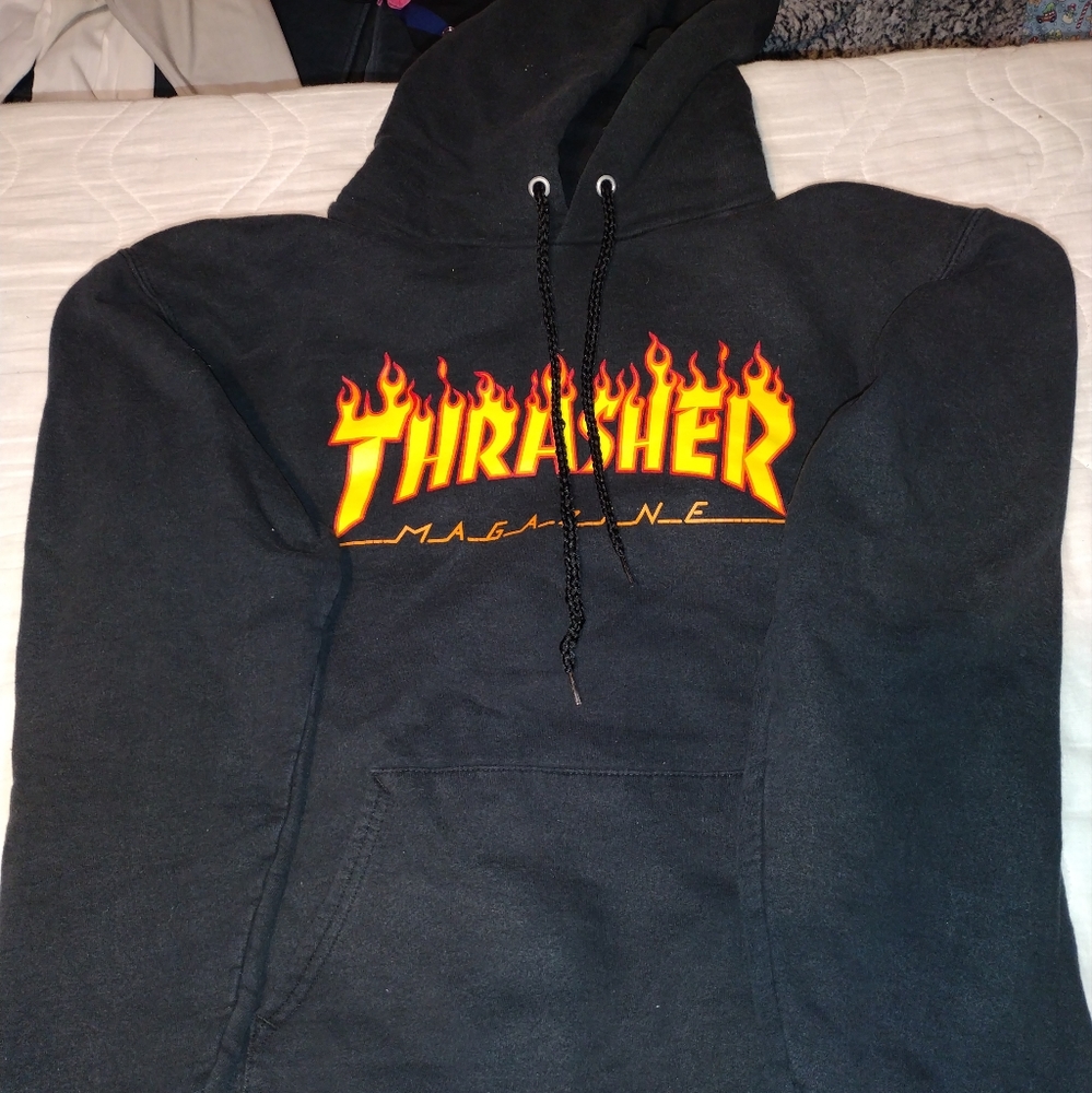 Thrasher Black Hoodie with Yellow and Red Logo
